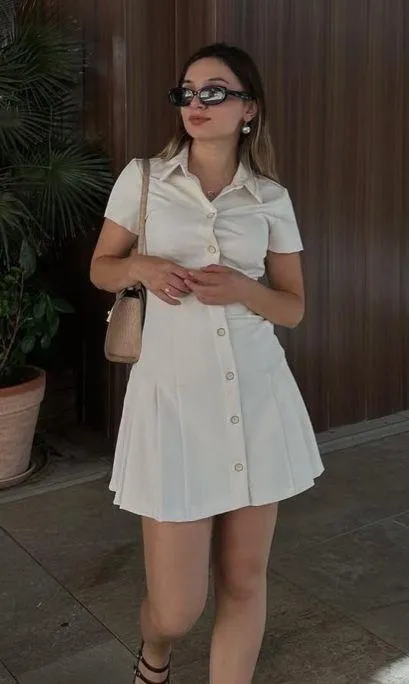 Zara mini dress pleated skirt collar button up ivory casual classic old money - Image 6