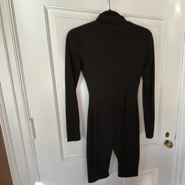 K Mock Neck Front‎ Zip Thigh Length Black Bodysuit - Image 10