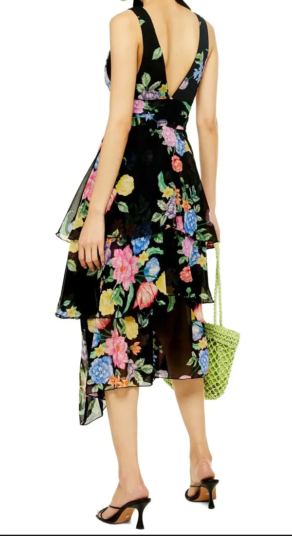Topshop Black Floral Plunge Pinafore Dress - Image 2