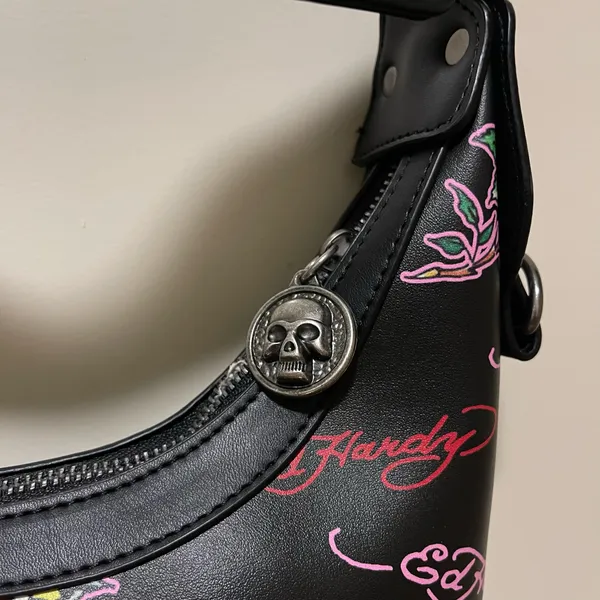 Ed Hardy Dalinda Black Studded Graphic Tattoo Hobo Shoulder Bag NWT Designer - Image 4