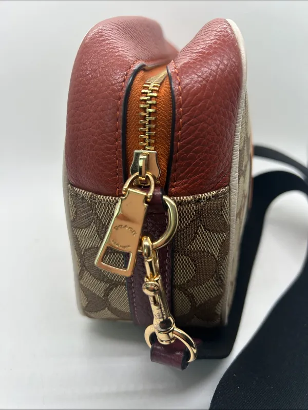 Coach Dempsey Camera Bag Brown Signature Jacquard Orange Logo Patch and Stripes - Image 4