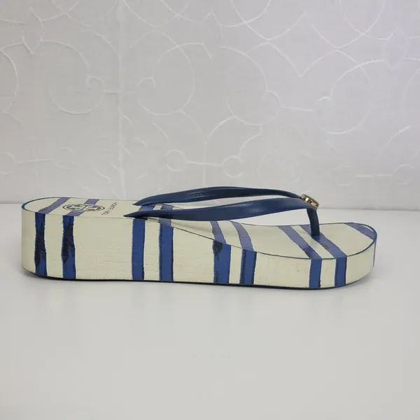 Tory Burch Womens Sandals Size 6.5 White and Blue Stripe‎ Slip On Heels - Image 2