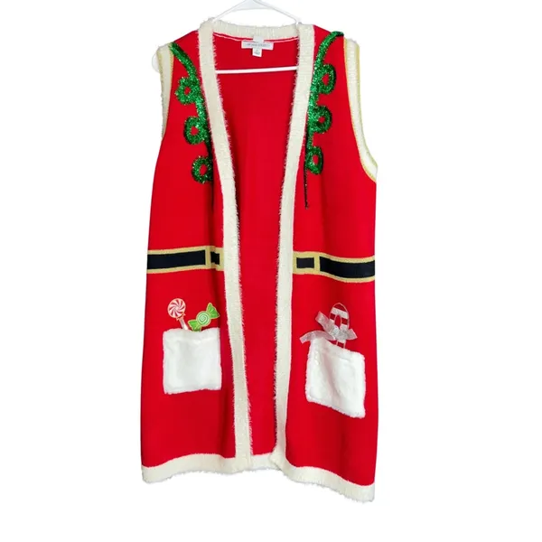 99 Jane Street Womens Size XL Christmas Santa Vest Red Candy Pocket Open Front - Image 2