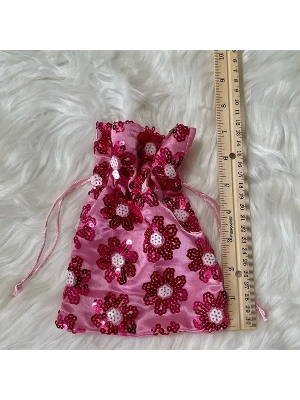 Pouch Pink Satin Sequin Drawstring Floral - Image 5