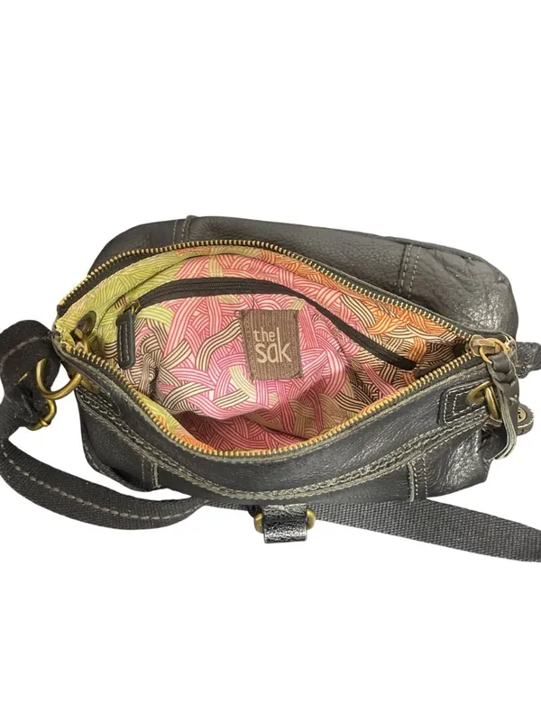 The Sak Kendra Black Leather Crossbody Bag Purse Canvas Strap Zip Closure 11x10 - Image 4