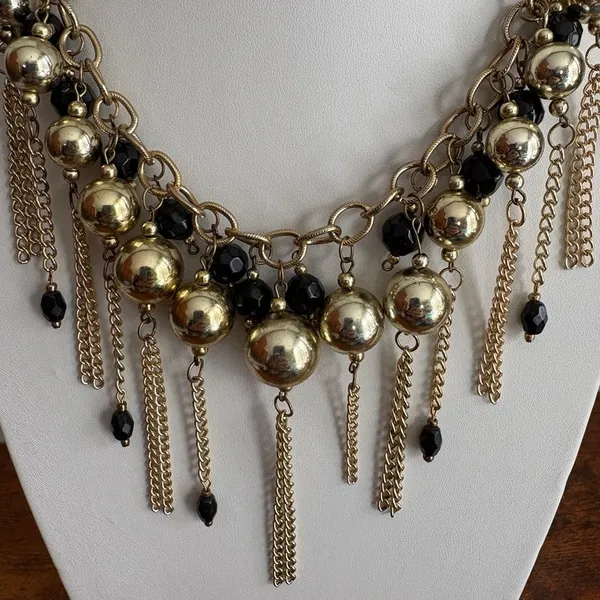 Gold-Tone Black Beaded Fringe Bib Statement Necklace – Chunky Chain - Image 3
