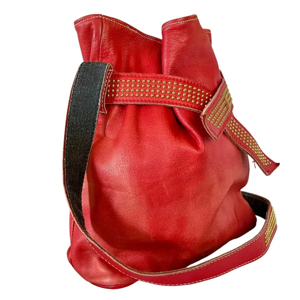 Vintage L.J. Simone Red Leather Glam Studded Belt Crossbody Hobo Bucket Bag - Image 9