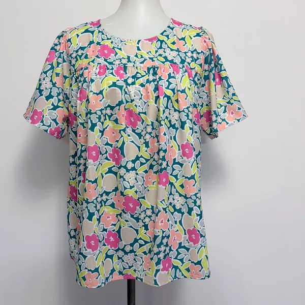 Jodifl Floral Babydoll Blouse M Teal Pink Orange Short Sleeve Boho Spring - Image 2