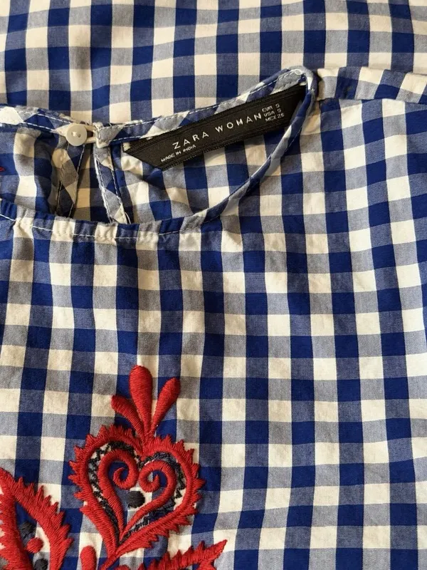 Zara Sz S Embroidered Gingham Checked Blouse Bell Sleeve Blue Red Statement Top - Image 3