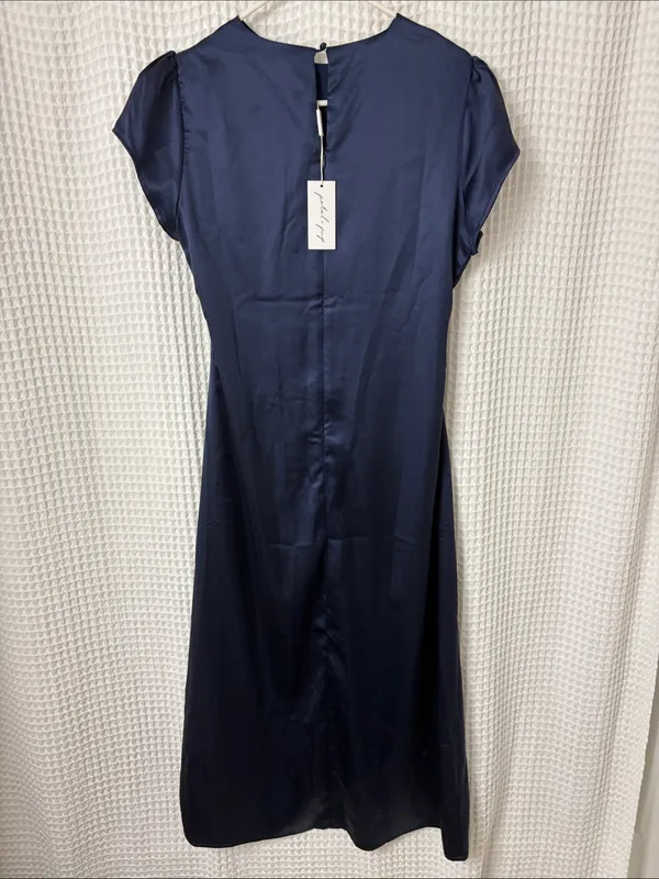 Petal + Pup Lisbeth Ruched Satin Midi Dress Navy Large NWT - Image 11