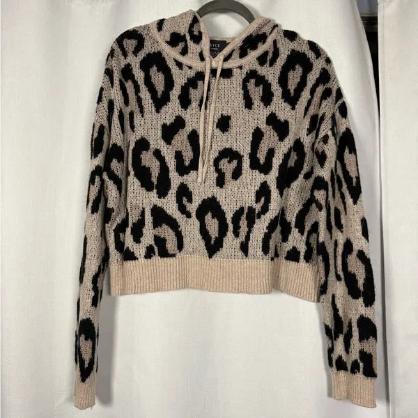 Vici Fuzzy Brown and Black Cheetah Print Pullover Hoodie Sweater Large - Image 3