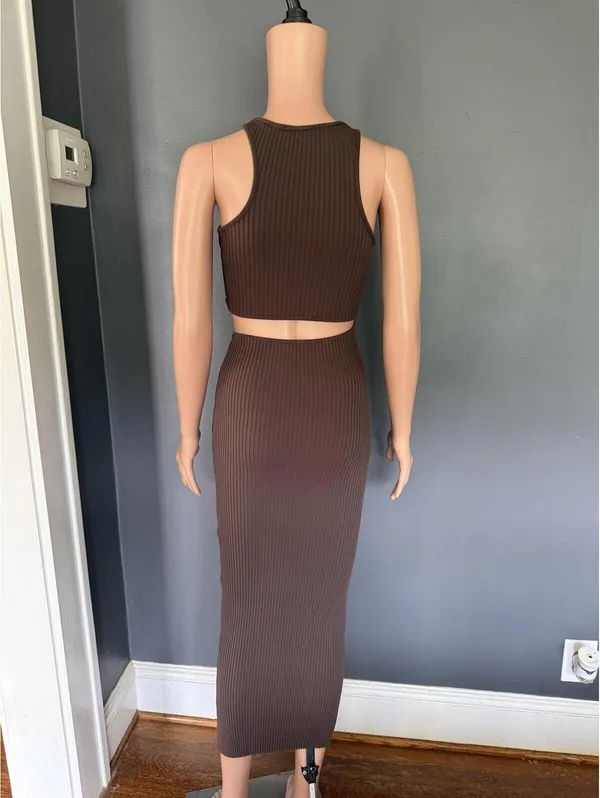 Zara Brown Ribbed Cutout Midi Dress Size Small - Image 2