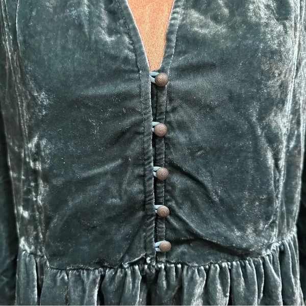 Anthropologie Holding Horses Green Crushed Velvet Babydoll Shirt Dress Size Smal - Image 3