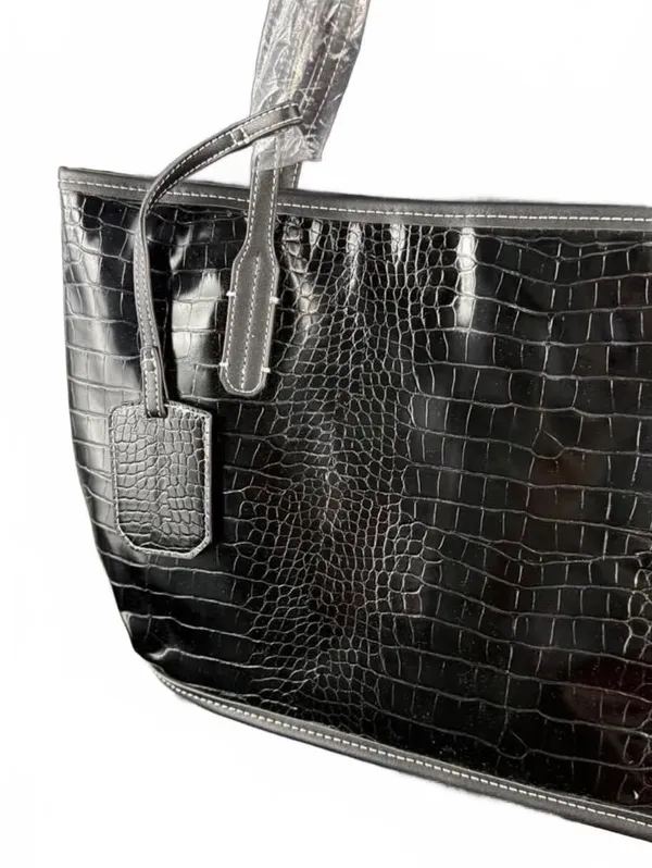 Black Croc Embossed Tote Bag with Zipper and Interior Pockets - Image 2