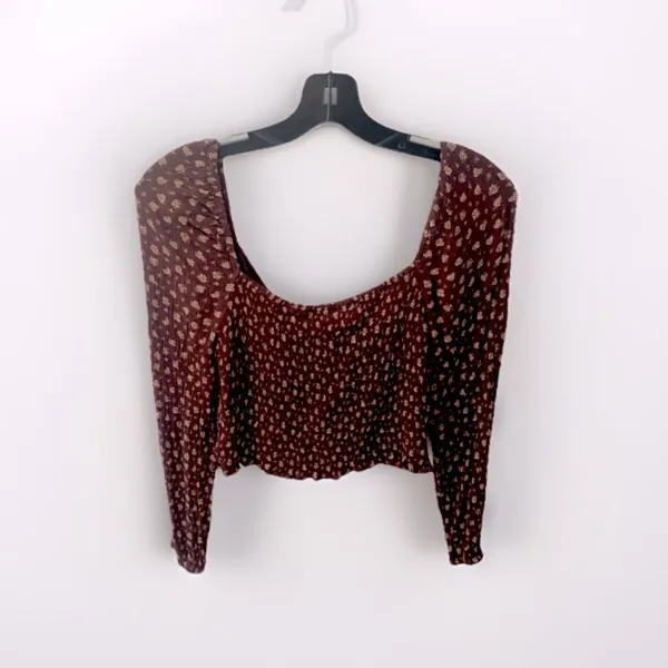 LE LIS Peasant Top Blouse Size L Brown Dark Floral Crop Boho Cottage Milkmaid - Image 6