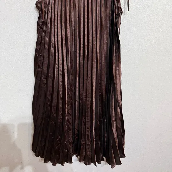 Annabelle Brown Satin Pleated Tie Strap Midi Dress Sz L NWT - Image 4