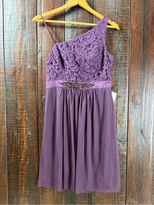Adrianna Papell One-Shoulder Purple Lace & Mesh Mini Party Dress 6 - Image 8