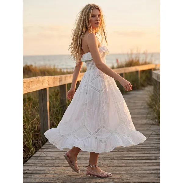 Free People Ethereal Cottage Prairie White Lace Hi Hello Midi Dress Medium - Image 2