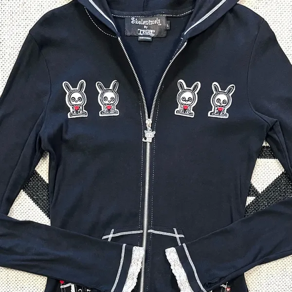 Rare Skelanimals x TRIPP NYC Black Bunny Ears Zip Up Hoodie Size Large - Image 7