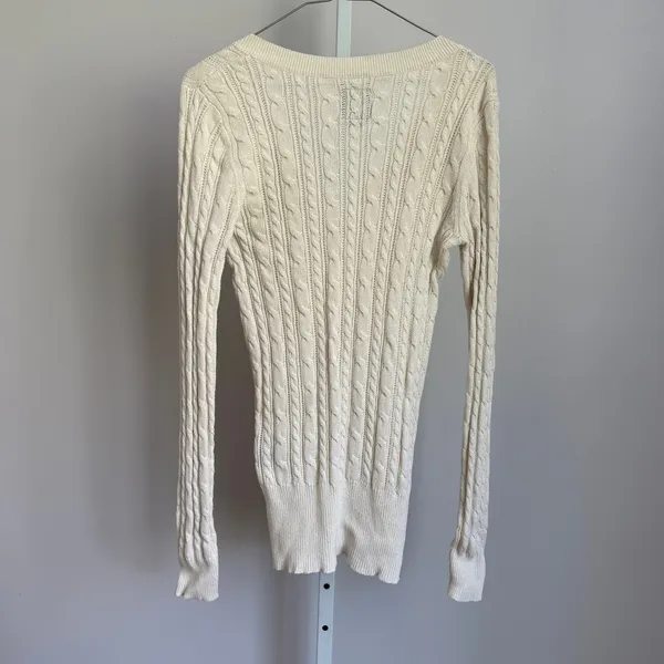American Eagle Cotton Wool Academia Preppy‎ Cable Knit V Neck Sweater L Ivory - Image 7