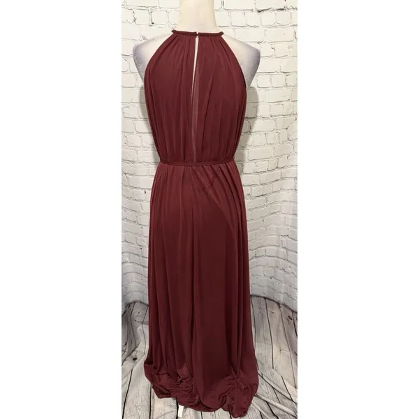 NWT David’s Bridal Soft Mesh Halter Bridesmaid Dress with Slim Sash Wine Maxi 8 - Image 5