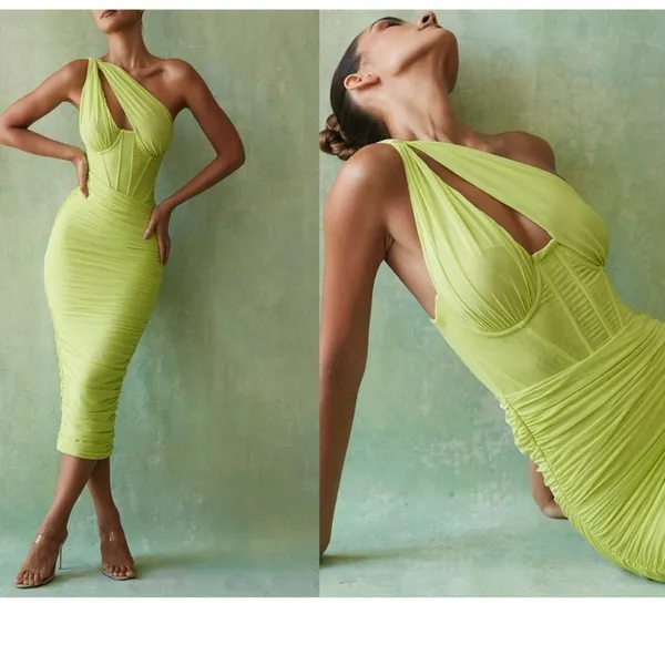 HOUSE OF CB 'Valentina'Lime neon‎ Asymmetric Cutout Midi Dress/Size XS plus cup - Image 3