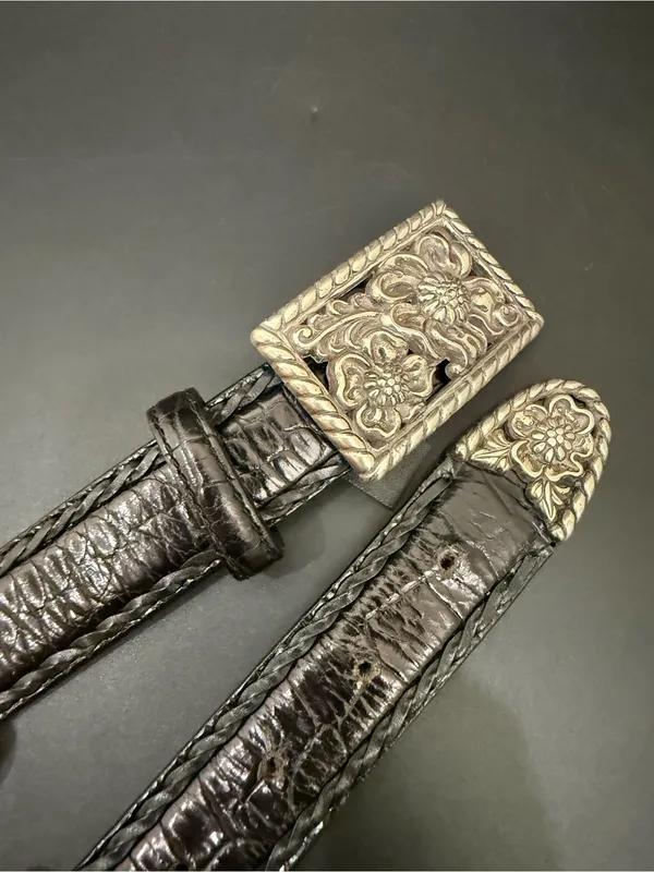 Vintage BRIGHTON 97033 Black Embossed Croc Leather Floral Buckle Belt Size ML 32 - Image 6