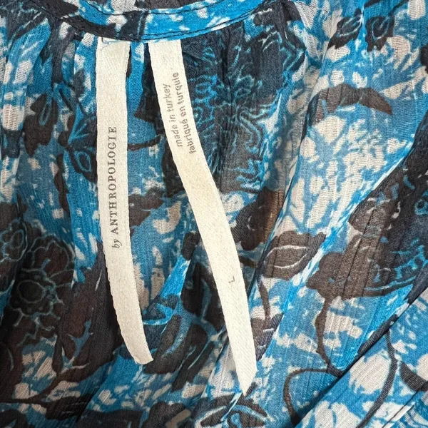 By Anthropologie Blouse Top Womens Large Blue Sheer Floral Boho Long Sleeve‎ Tie - Image 11