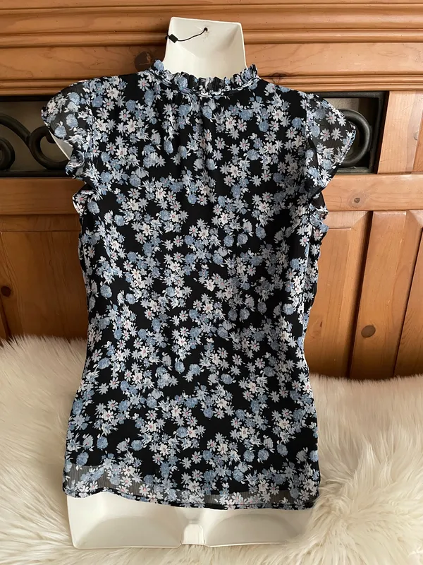 LOFT Women's Short Cap Sleeves VNeck Blouse Top Blue Floral Print l - Image 2