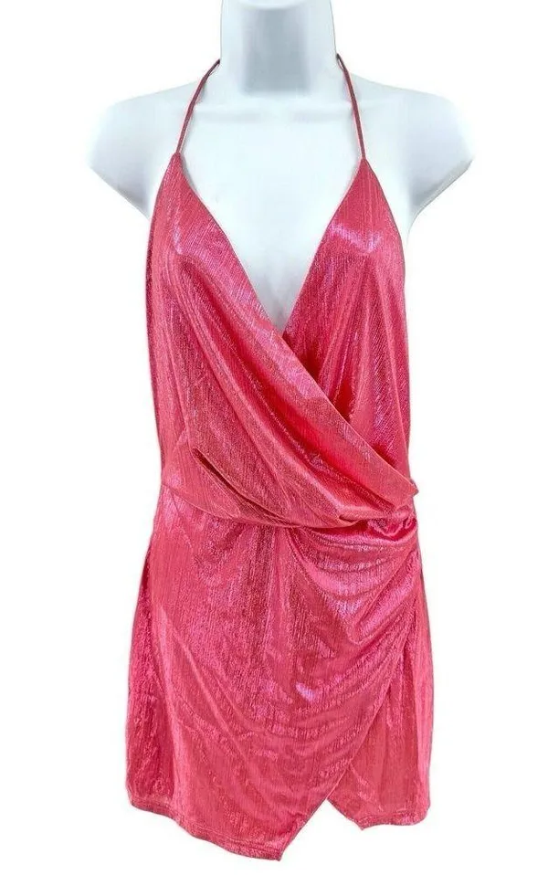 New Superdown Missie Wrap Front Mini Dress Medium Pink Metallic Party Barbiecore - Image 3