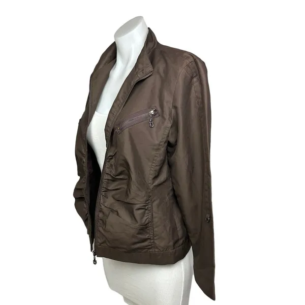 Black Vintage Brown Ruched Zip Up Pockets Collar Flight Utility Bomber Jacket M - Image 2