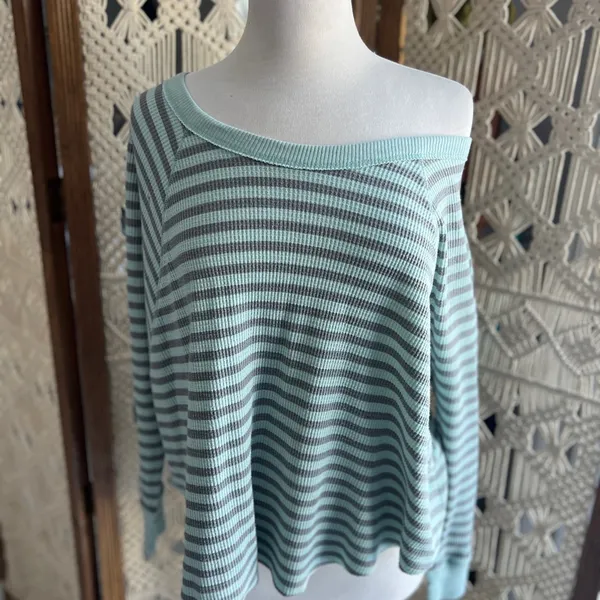 We The Free Free People Striped Mint and Gray Waffle Knit Long Sleeve Bat Wing Top - Image 2