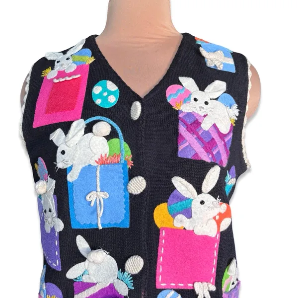 Vintage Michael Simon Easter Bunny Applique Knit Sweater Vest Medium Whimsical‎ - Image 2