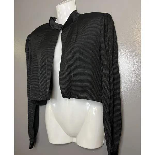 Handmade Cropped Jacket Womens Medium Black Textured Stripe Bolero Satin Collar Lined - Image 3