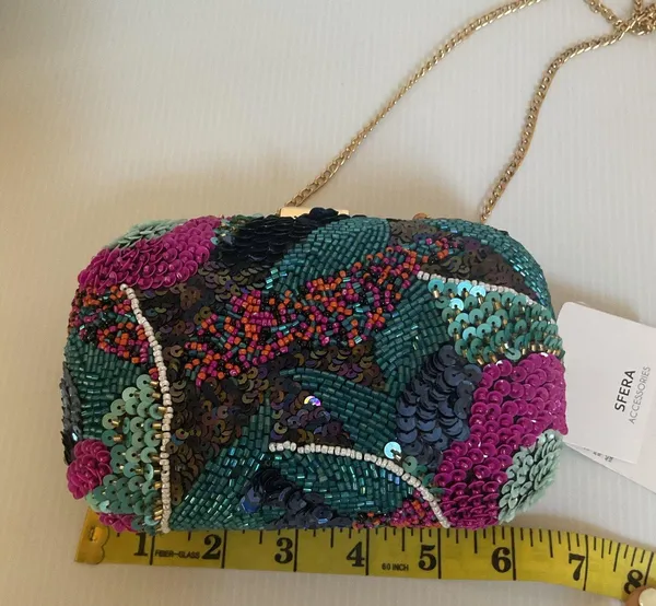 Sfera Beaded Sequin Clutch Bag with Chain Strap | Handmade Look Evening Purse - Image 9
