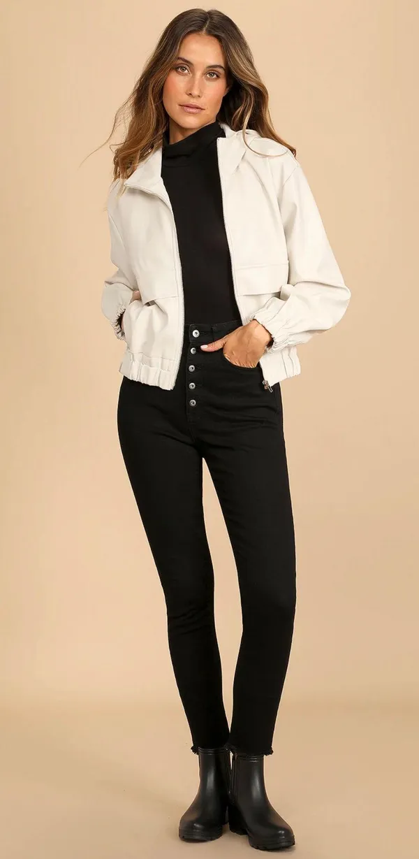 Atomic Off White Vegan Leather Bomber Jacket  XS - Image 5