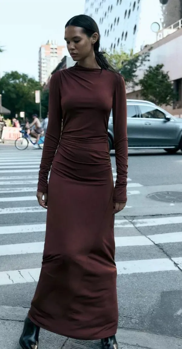 Zara Elegant Burgundy brown wine Maxi Dress stretchy long Sleeve Casual bodycon - Image 2