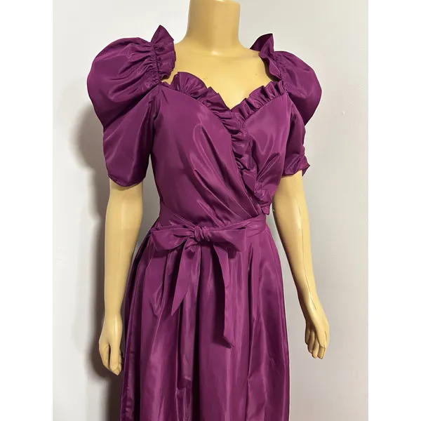Vintage 80s Plum Purple Ruffle Puff Sleeve Maxi Dress Prom Gown Size 11/12 XS S - Image 2