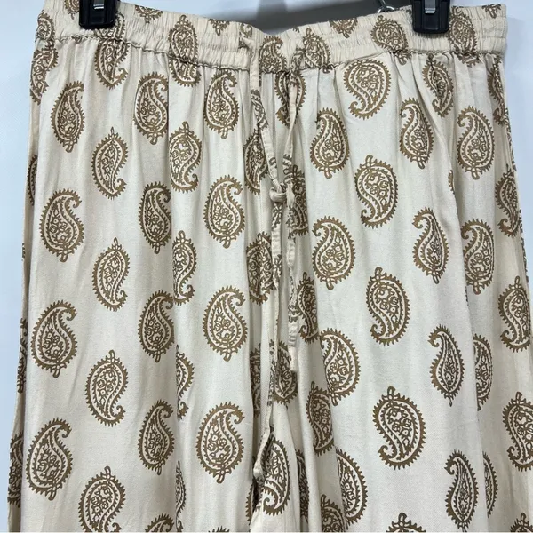 Paisley Cream l/xl wide flare leg pants resort wear elastic waist drawstring - Image 4
