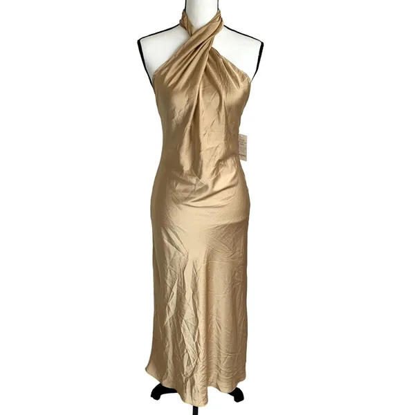 NWT Show‎ Me Your Mumu Jasmine Halter Midi Dress in True Gold Luxe Satin - Image 3