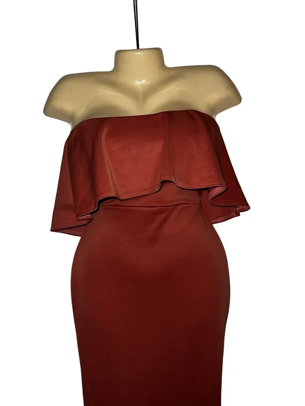 Boohoo Strapless Ruffle Mermaid Dress in Rust - Image 4