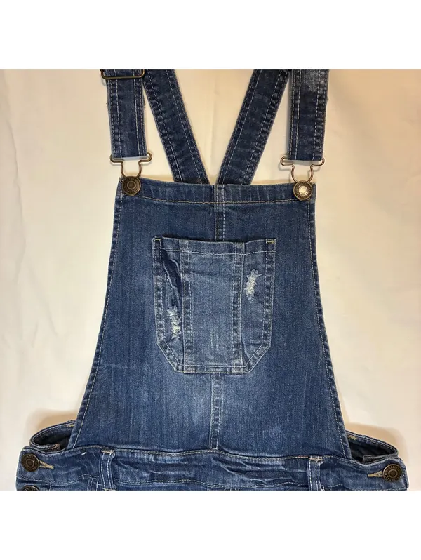 WallFlower Distressed Denim Y2K Overall Shorts Womens M Shortalls Dark Frayed - Image 3
