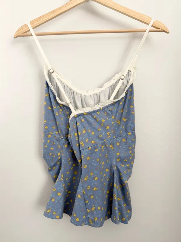 Free People XL Sammi Tank Top Blue Floral Peplum Babydoll Coquette Preppy - Image 4