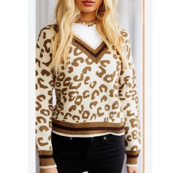 New Animal Print Light Knit V Neck Drop Shoulder Winter Sweater Sparkle Accents - Image 8