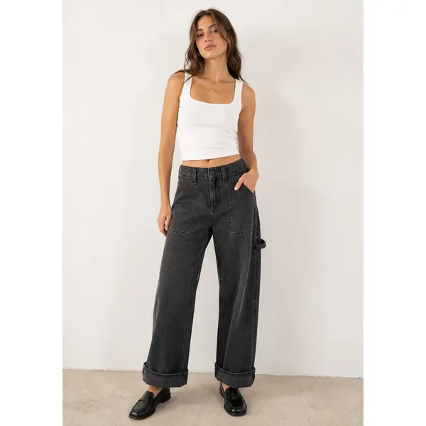 Free People We The Free Black Wash Major Leagues Cuffed Carpenter Utility Jeans - Image 3