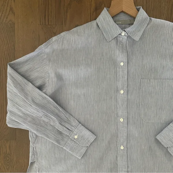 Vince Linen Blend Split Back Boxy Pinstripe Button Down Shirt Blue and White M - Image 4