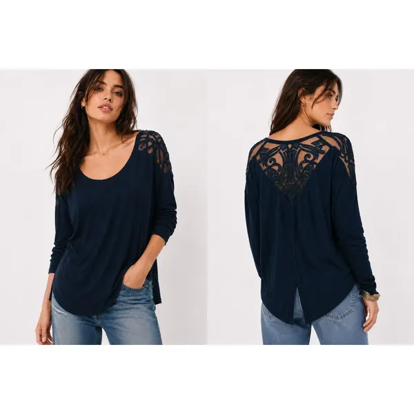 Free People Gatsby Boho Lace Scoop Neck Blue Ribbed Long Sleeve Top M Indie - Image 2