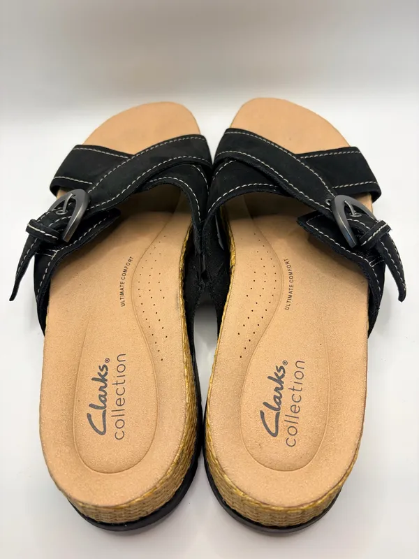 Clarks Collection Black Suede Wedge Slide Sandals Boho Casual Comfort Size 6.5 - Image 4