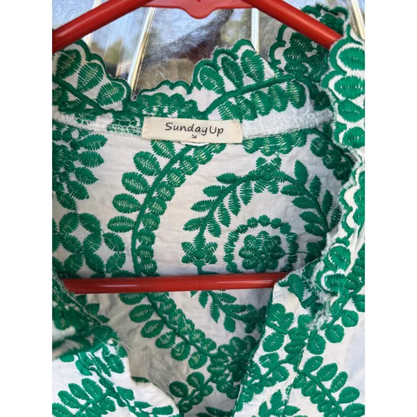 Sunday Up Green White Floral Embroidered Ruffle Neck Blouse Pearl Button Medium - Image 2