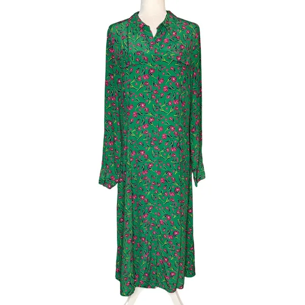 Long Tall Sally Green Button Front Midi Dress US 12 Large Shift Pink Floral - Image 3